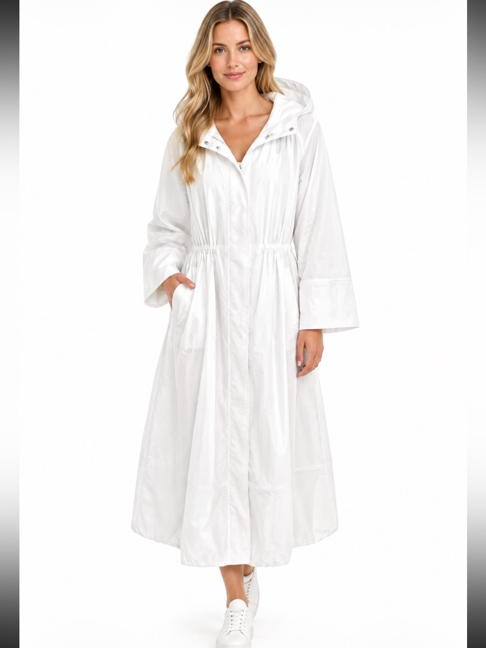 ATHLETA Trade Winds White Funnel Neckline Windbreaker Hooded Midi Jacket L NWT